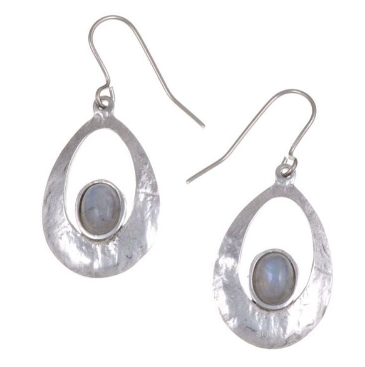 Image 1 of Slate Textured Oval Rainbow Moonstone Stylish Pewter Sheppard Hook Earrings