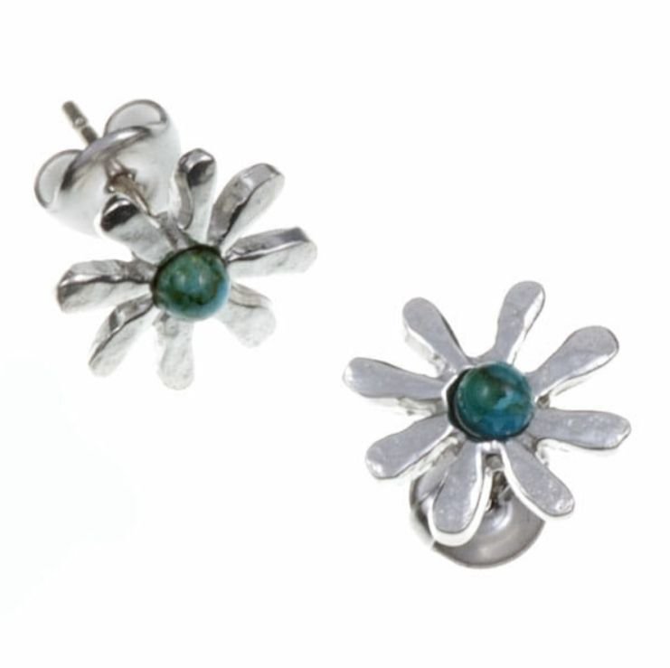 Image 1 of Dahlia Flower Turquoise Small Stud Stylish Pewter Earrings