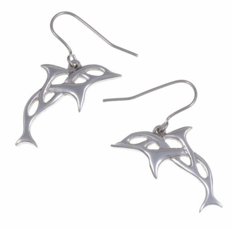 Image 1 of Celtic Dolphin Open Knotwork Drop Stylish Pewter Sheppard Hook Earrings