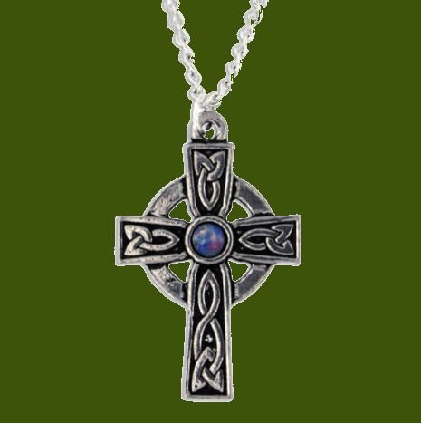 Image 0 of Saint Petroc Celtic Cross Knotwork Opal Glass Stone Stylish Pewter Pendant