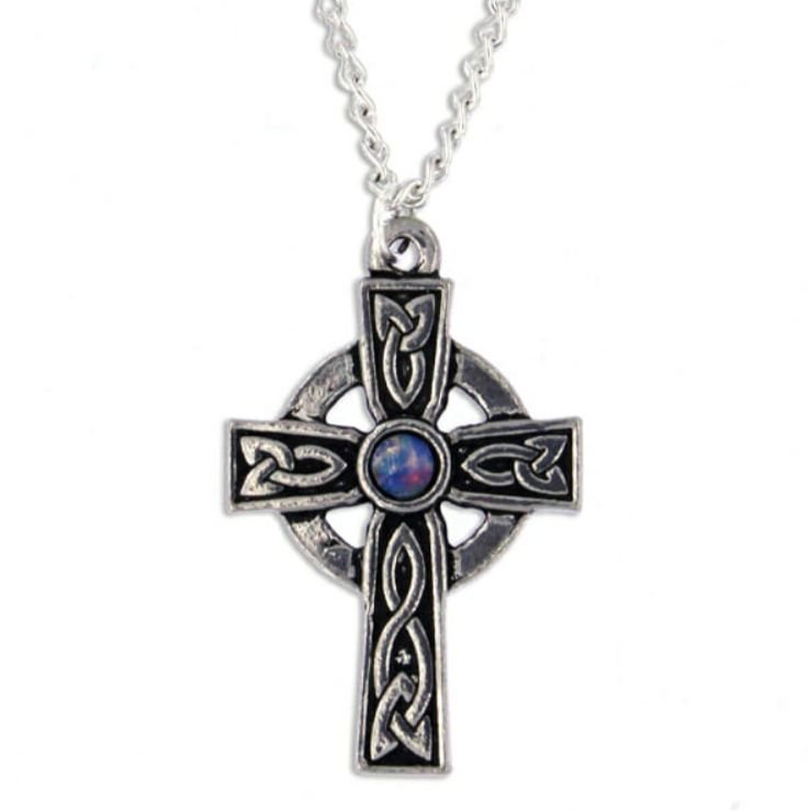 Image 1 of Saint Petroc Celtic Cross Knotwork Opal Glass Stone Stylish Pewter Pendant