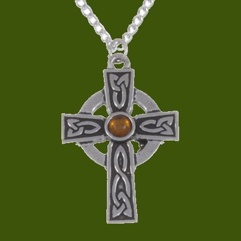 Image 0 of Saint Petroc Celtic Cross Knotwork Amber Stylish Pewter Pendant