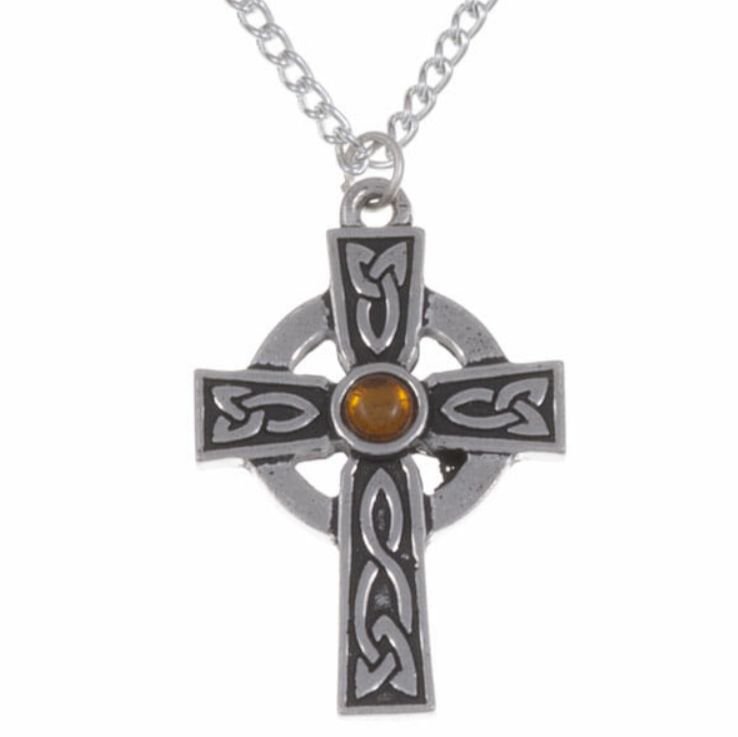 Image 1 of Saint Petroc Celtic Cross Knotwork Amber Stylish Pewter Pendant