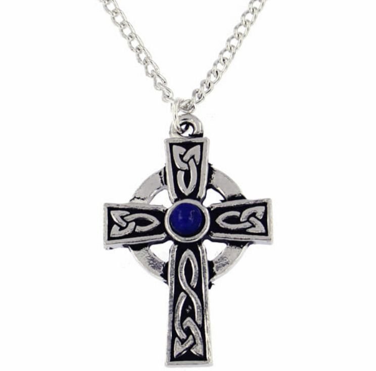 Image 1 of Saint Petroc Celtic Cross Knotwork Lapis Lazuli Stylish Pewter Pendant