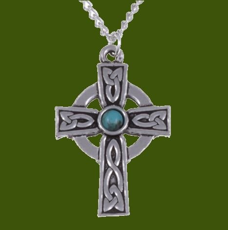 Image 0 of Saint Petroc Celtic Cross Knotwork Turquoise Stylish Pewter Pendant