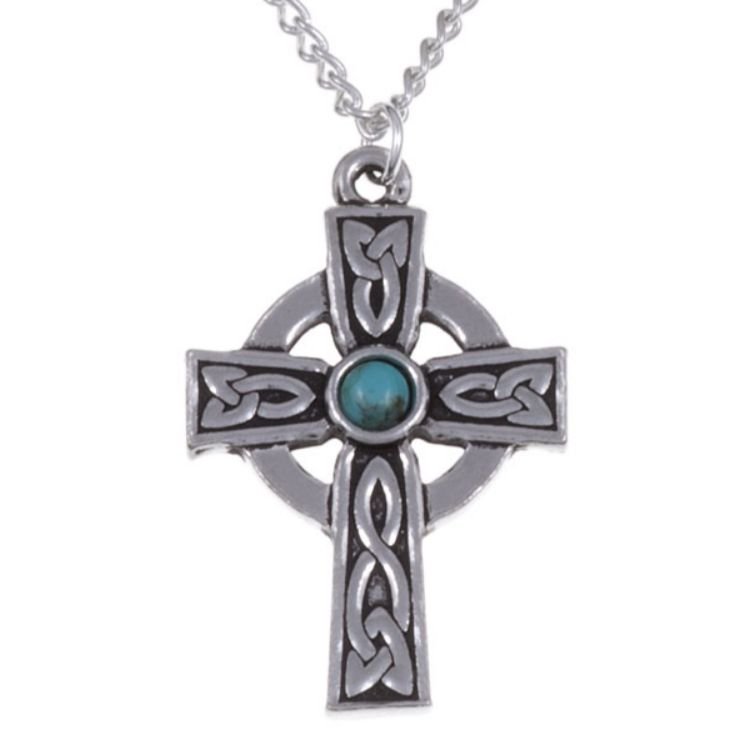 Image 1 of Saint Petroc Celtic Cross Knotwork Turquoise Stylish Pewter Pendant