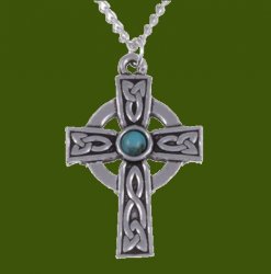 Saint Petroc Celtic Cross Knotwork Turquoise Stylish Pewter Pendant