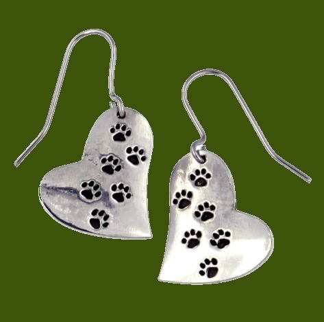 Image 0 of Heart Paw Prints Offset Heart Themed Sheppard Hook Stylish Pewter Earrings