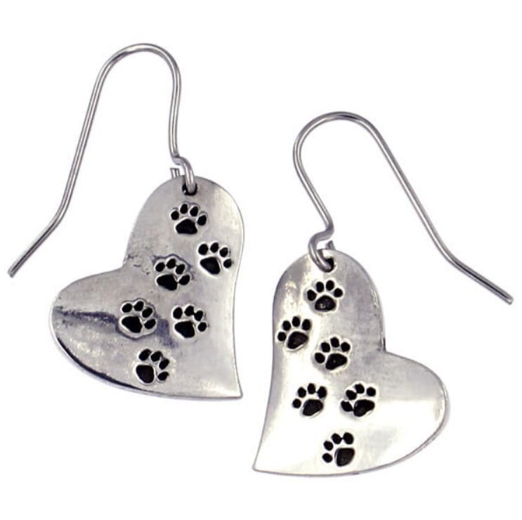 Image 1 of Heart Paw Prints Offset Heart Themed Sheppard Hook Stylish Pewter Earrings