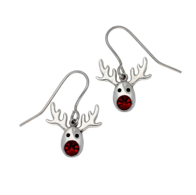Image 1 of Rudolph Reindeer Red Crystal Christmas Sheppard Hook Stylish Pewter Earrings