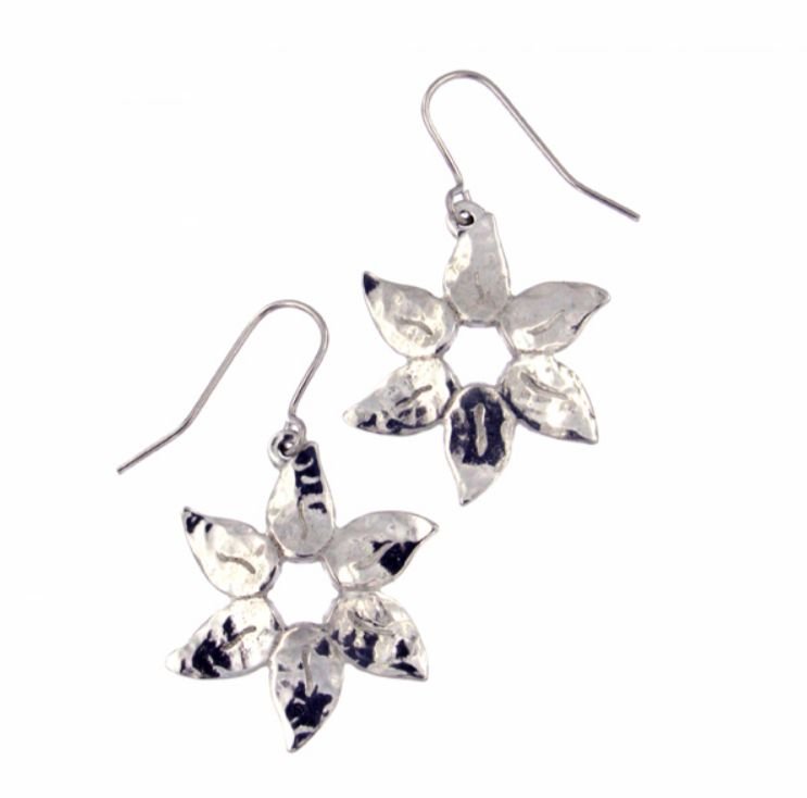 Image 1 of Petal Flower Planished Polished Sheppard Hook Stylish Pewter Earrings