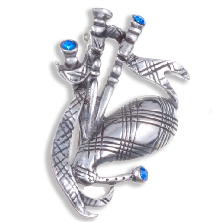 Image 1 of Bagpipe Blue Crystal Stone Antiqued Stylish Pewter Brooch