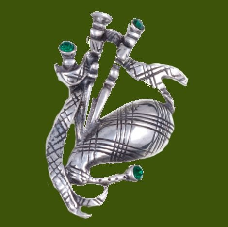 Image 0 of Bagpipe Green Crystal Stone Antiqued Stylish Pewter Brooch