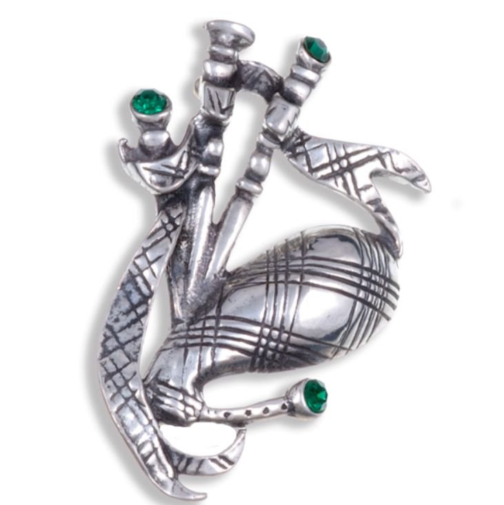 Image 1 of Bagpipe Green Crystal Stone Antiqued Stylish Pewter Brooch