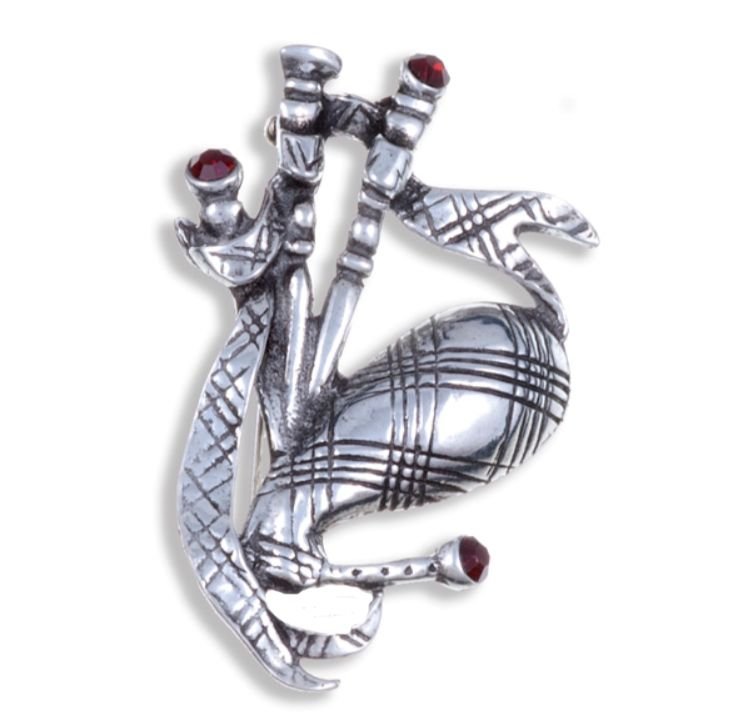 Image 1 of Bagpipe Red Crystal Stone Antiqued Stylish Pewter Brooch