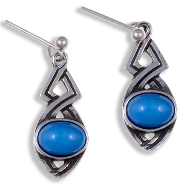 Image 1 of Celtic Twist Antiqued Blue Glass Stone Stylish Pewter Sheppard Hook Earrings