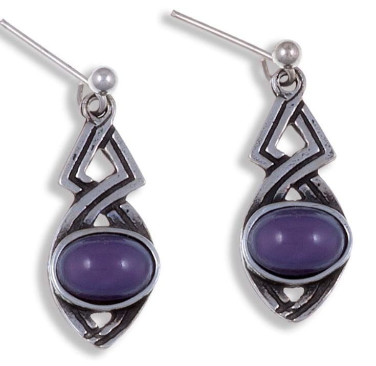 Image 1 of Celtic Twist Antiqued Purple Glass Stone Stylish Pewter Sheppard Hook Earrings