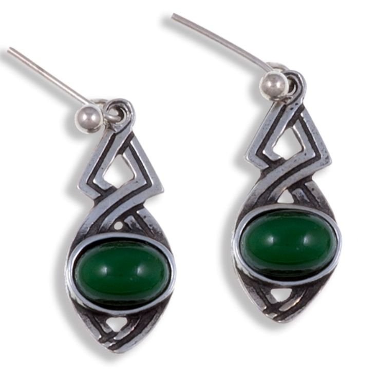 Image 1 of Celtic Twist Antiqued Green Glass Stone Stylish Pewter Sheppard Hook Earrings