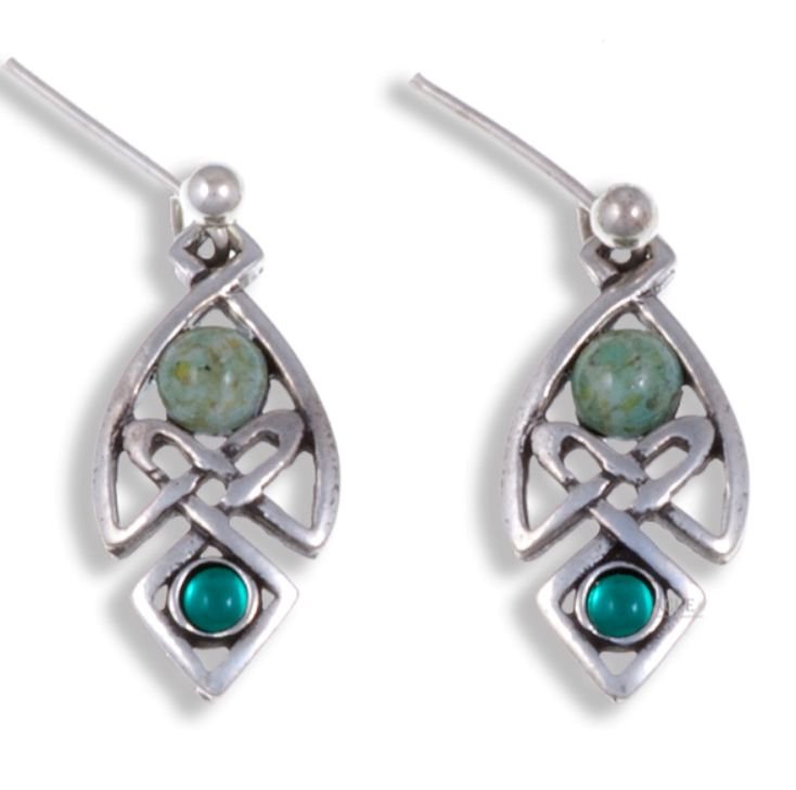 Image 1 of Celtic Knot Antiqued Green Glass Stone Stylish Pewter Sheppard Hook Earrings