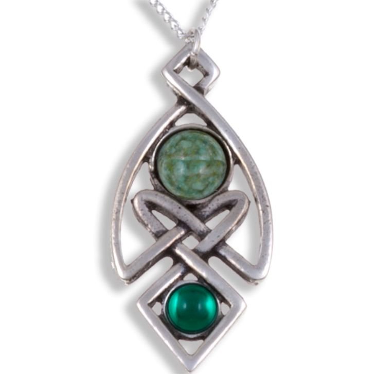 Image 1 of Celtic Knot Antiqued Green Glass Stone Stylish Pewter Pendant