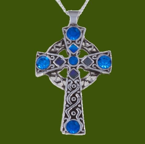Image 0 of Celtic Cross Antiqued Knotwork Blue Glass Stones Stylish Pewter Pendant