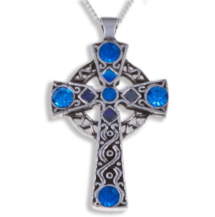 Image 1 of Celtic Cross Antiqued Knotwork Blue Glass Stones Stylish Pewter Pendant