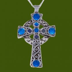 Celtic Cross Antiqued Knotwork Blue Glass Stones Stylish Pewter Pendant