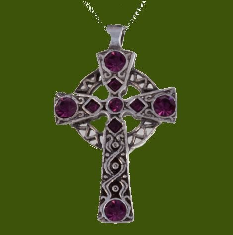Image 0 of Celtic Cross Antiqued Knotwork Purple Glass Stones Stylish Pewter Pendant