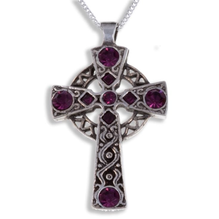 Image 1 of Celtic Cross Antiqued Knotwork Purple Glass Stones Stylish Pewter Pendant
