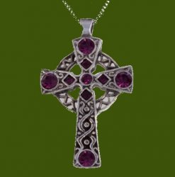 Celtic Cross Antiqued Knotwork Purple Glass Stones Stylish Pewter Pendant