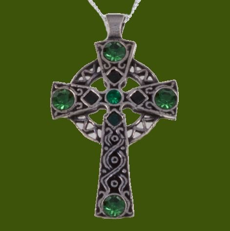 Image 0 of Celtic Cross Antiqued Knotwork Green Glass Stones Stylish Pewter Pendant