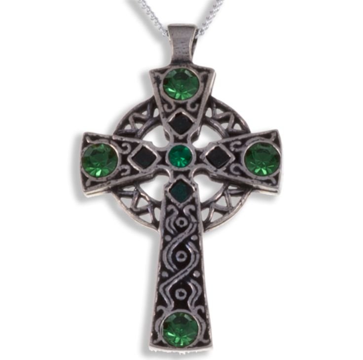 Image 1 of Celtic Cross Antiqued Knotwork Green Glass Stones Stylish Pewter Pendant