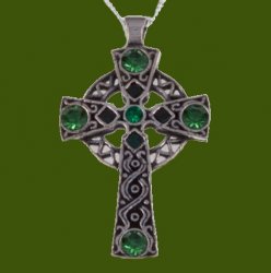 Celtic Cross Antiqued Knotwork Green Glass Stones Stylish Pewter Pendant