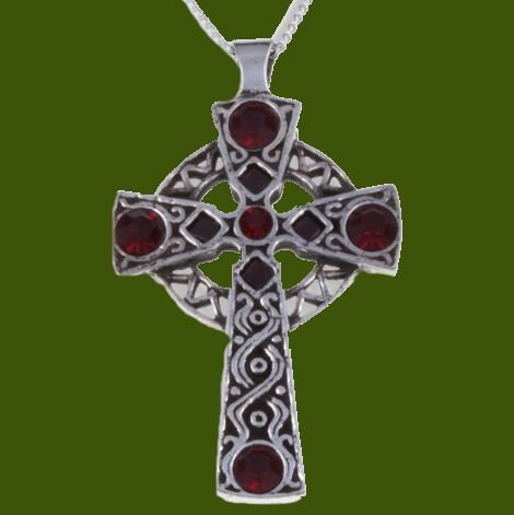 Image 0 of Celtic Cross Antiqued Knotwork Red Glass Stones Stylish Pewter Pendant
