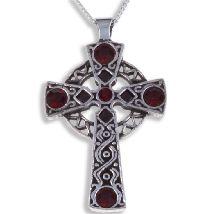 Image 1 of Celtic Cross Antiqued Knotwork Red Glass Stones Stylish Pewter Pendant