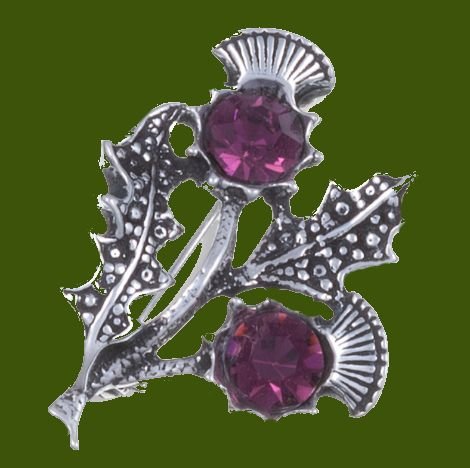 Image 0 of Double Flower Antiqued Dark Purple Glass Stone Thistle Stylish Pewter Brooch