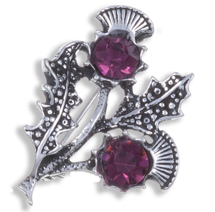 Image 1 of Double Flower Antiqued Dark Purple Glass Stone Thistle Stylish Pewter Brooch