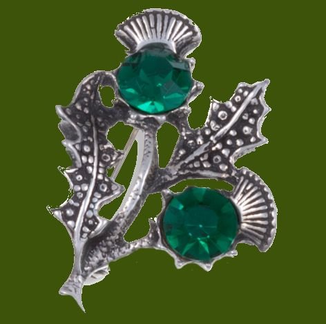 Image 0 of Double Flower Antiqued Green Glass Stone Thistle Stylish Pewter Brooch