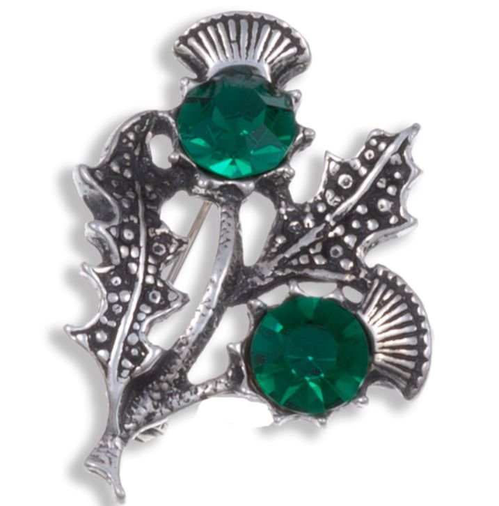 Image 1 of Double Flower Antiqued Green Glass Stone Thistle Stylish Pewter Brooch