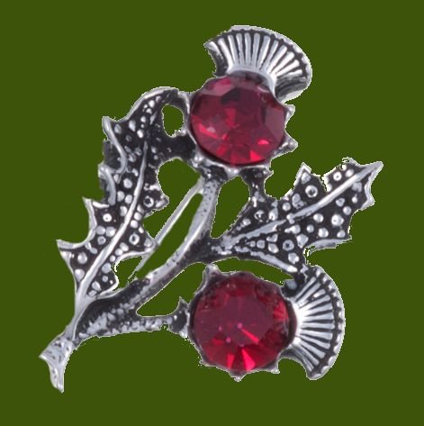 Image 0 of Double Flower Antiqued Red Glass Stone Thistle Stylish Pewter Brooch