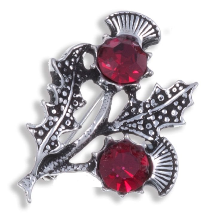 Image 1 of Double Flower Antiqued Red Glass Stone Thistle Stylish Pewter Brooch