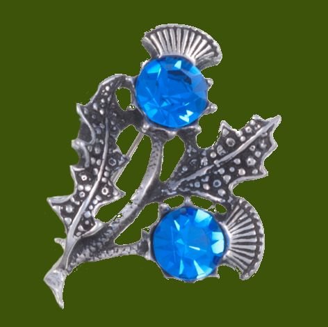 Image 0 of Double Flower Antiqued Blue Glass Stone Thistle Stylish Pewter Brooch