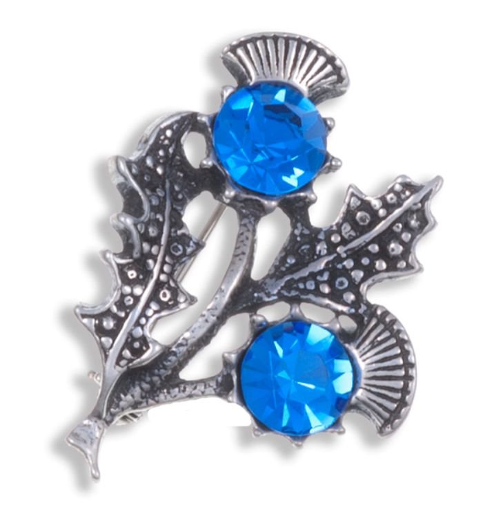 Image 1 of Double Flower Antiqued Blue Glass Stone Thistle Stylish Pewter Brooch