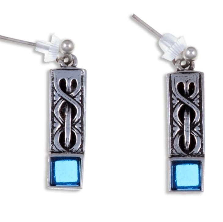 Image 1 of Celtic Knot Square Blue Glass Stone Stylish Pewter Sheppard Hook Earrings