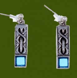 Celtic Knot Square Blue Glass Stone Stylish Pewter Sheppard Hook Earrings