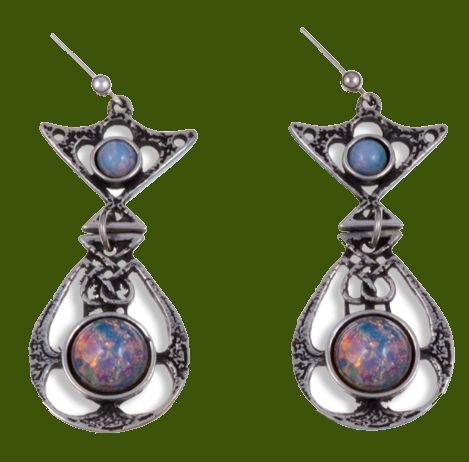 Image 0 of Celtic Knot Ornate Opal Glass Stone Stylish Pewter Sheppard Hook Earrings