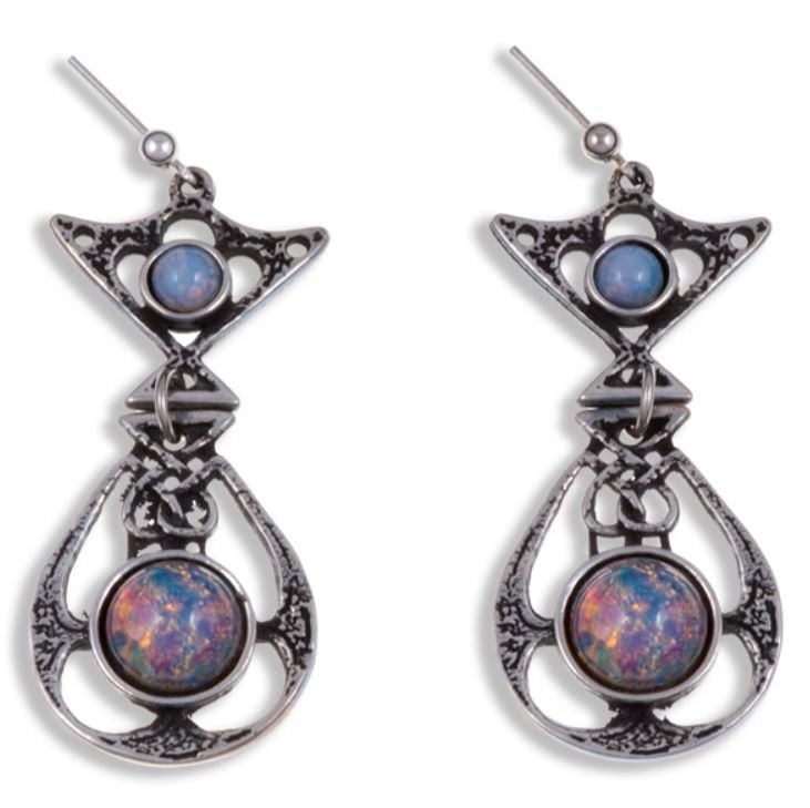 Image 1 of Celtic Knot Ornate Opal Glass Stone Stylish Pewter Sheppard Hook Earrings