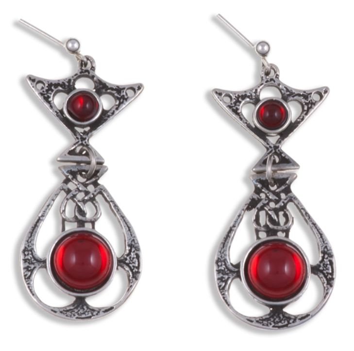 Image 1 of Celtic Knot Ornate Red Glass Stone Stylish Pewter Sheppard Hook Earrings