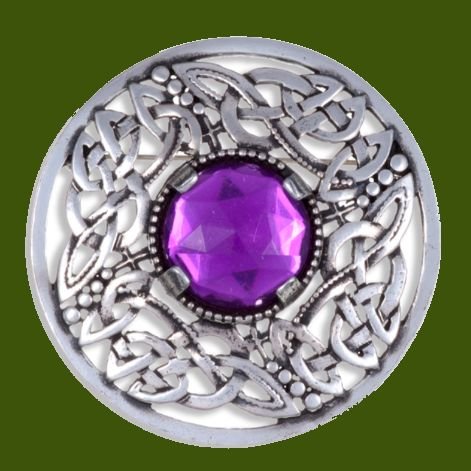 Image 0 of Celtic Open Knotwork Antiqued Purple Glass Stone Round Stylish Pewter Brooch