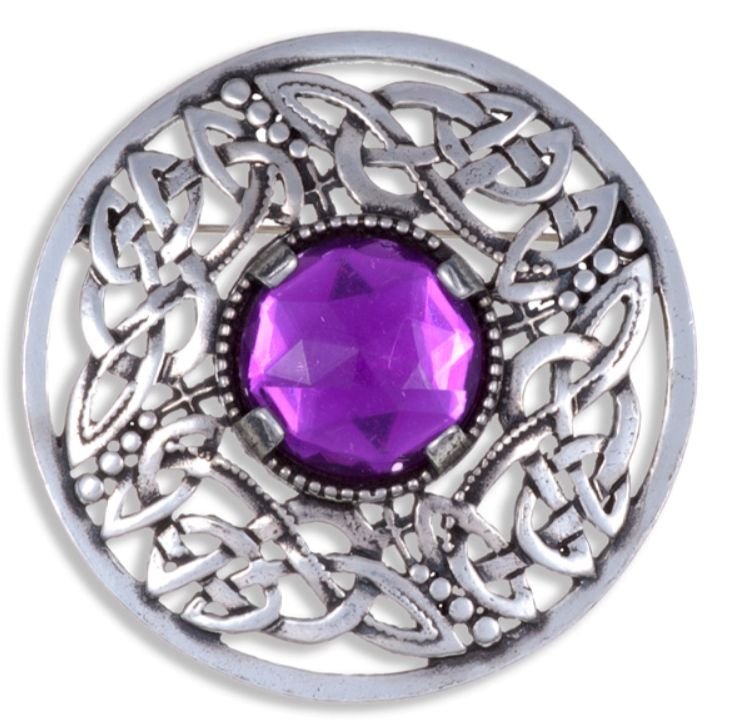 Image 1 of Celtic Open Knotwork Antiqued Purple Glass Stone Round Stylish Pewter Brooch